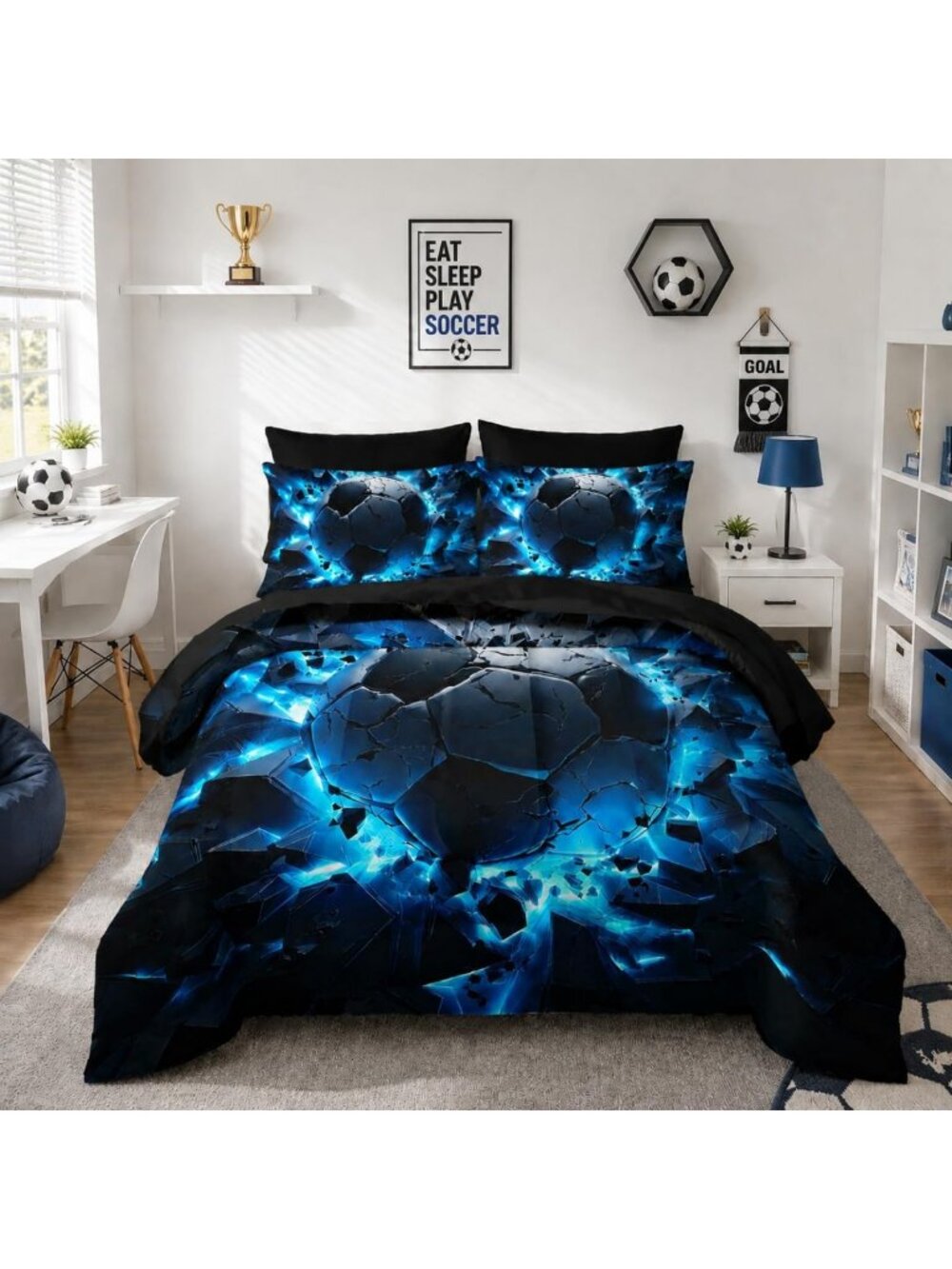 Full Size 7PC Soccer Bedding Set - Blue Football Print, Sports Theme Decor, All